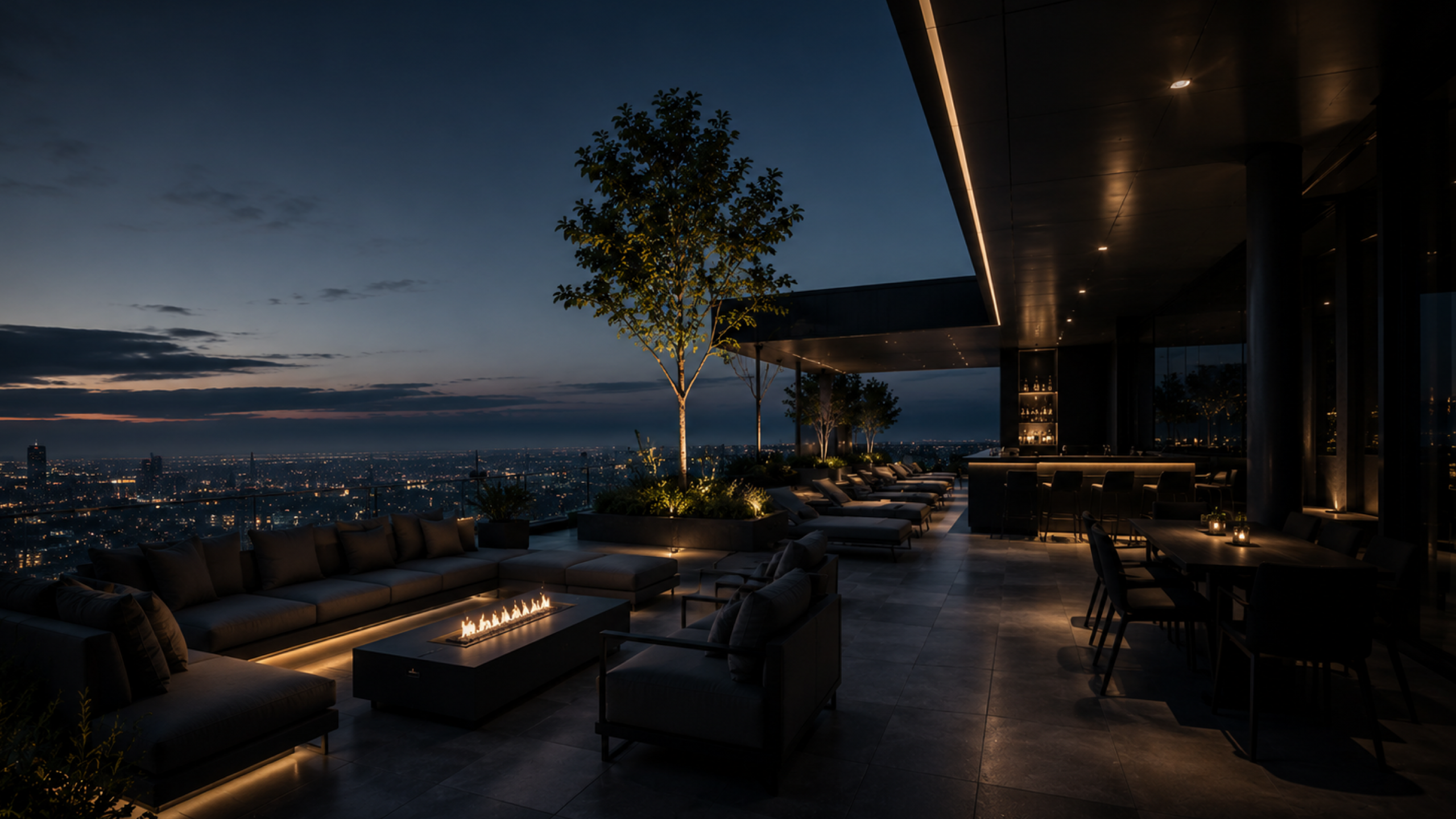 Amenity deck residencial de noche