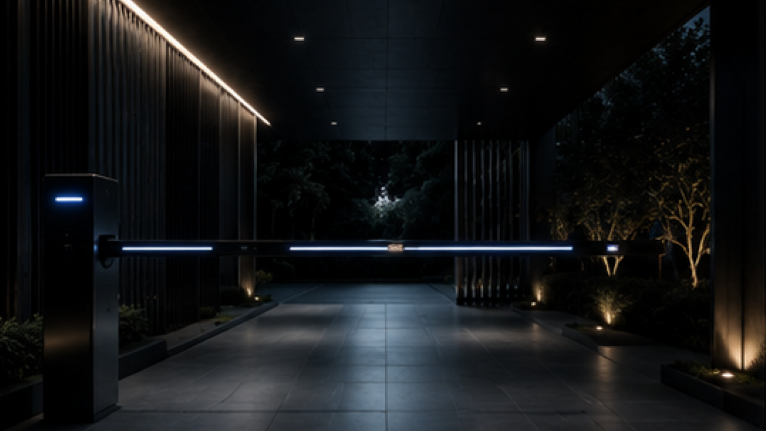 Barrera de acceso residencial iluminada